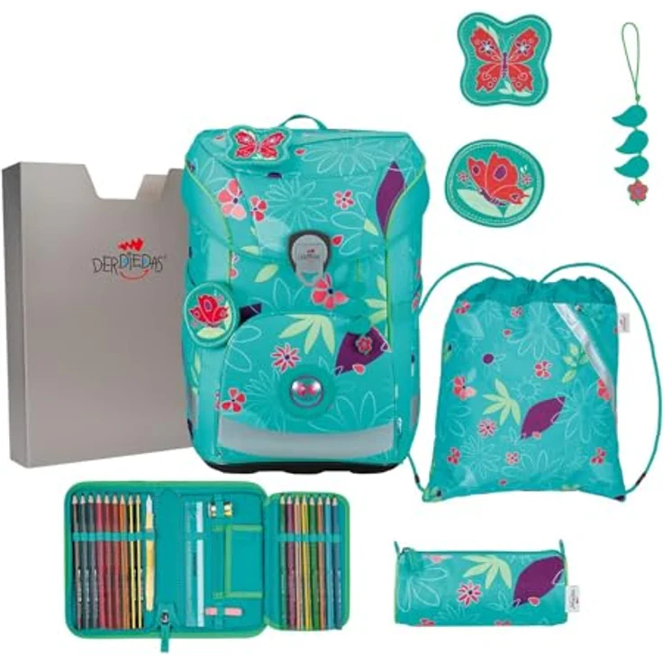 DerDieDas Schulranzen ErgoFlex Easy Set 6-teilig, großes Hauptfach, komfortable Träger, robustes Material, türkis, Butterfly Garden – Bild 1