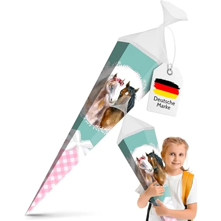itenga Schultüte Mädchen 85cm, eckig mit Tüllverschluss, stabile Zuckertüte mit Motiven (Einhorn, Pferd, Meerjungfrau) – Bild 2