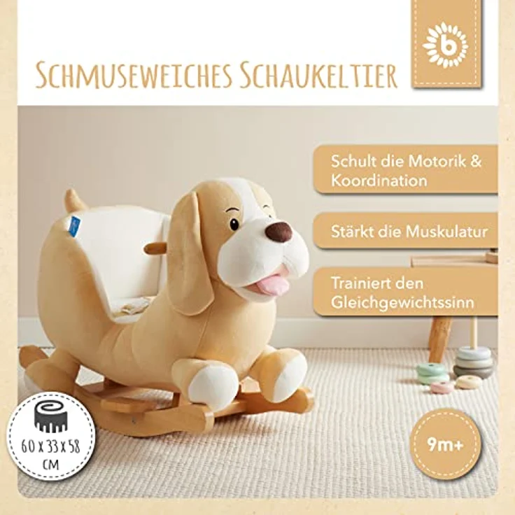 Bieco Plüsch Schaukeltier Hund 'Sam' | Kinder Schaukelstuhl mit Sicherheitsgurt | Baby Schaukel | Schaukel Kleinkind | Schaukeltier Baby Zimmer | Baby Schaukelwippe ab 9 Monate | Schaukelpferd Holz – Bild 2