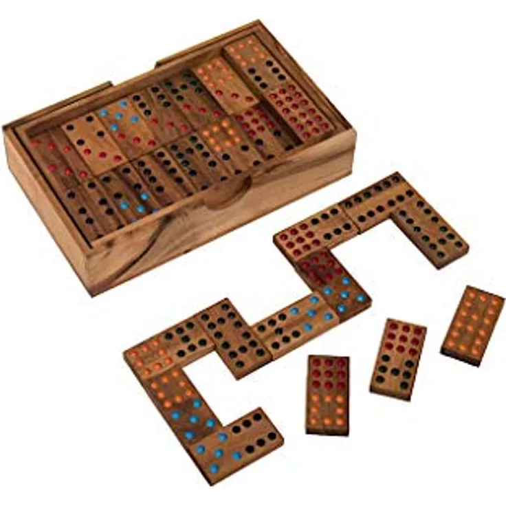 ROMBOL Domino, Doppel 9, Dominospiel aus Samena-Holz für 2 bis 6 Personen, mit farbig ausgelegten Farbpunkten, 56 Steine, Familien- und Gesellschaftsspiel