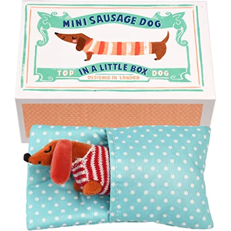 Rex London - Mini-Wursthund in kleiner Box 'Pear', mit gestreiftem Pullover und gepunkteter Decke – Bild 1