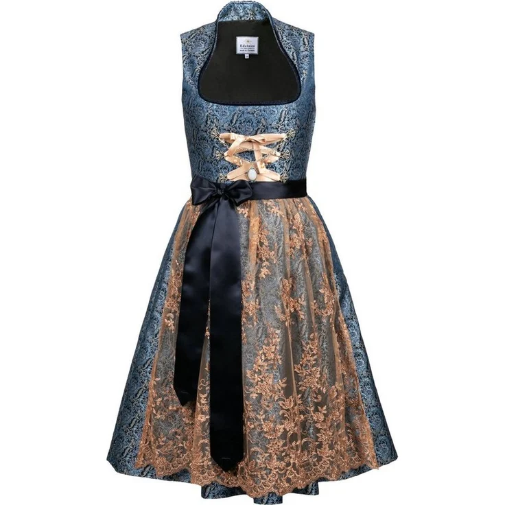Edelnice Dirndl Estelle, Midi Dirndl in blau und beige-gold, Jaquard Stoff mit Blumenmuster, Exclusive Kollektion – Bild 1