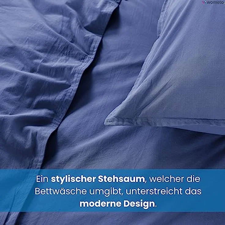 wometo Bettwäsche Renforce Stone-Washed 155x220 & 80x80 100% Baumwolle - blau OekoTex weich modern Used-Look Leinen-Optik – Bild 4