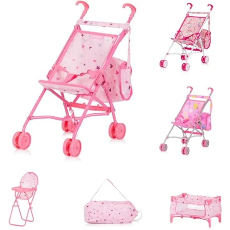 Chipolino Puppen-Zubehör-Set 3in1 Trixy Buggy Hochstuhl Tasche Laufstall faltbar, rosa Sterne - für Rollenspiele und soziale Entwicklung, ab 3 Jahren geeignet