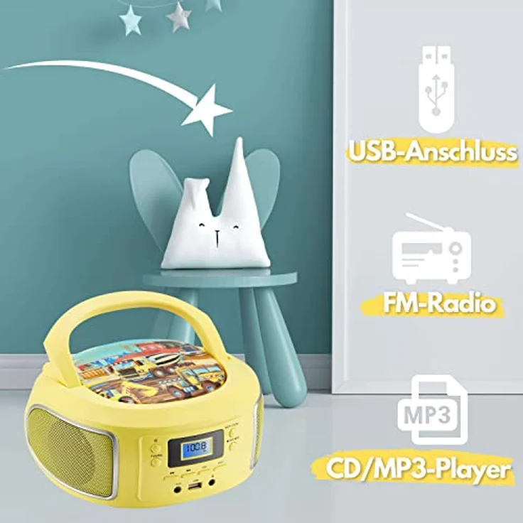 Cyberlux Tragbare Boombox CD-Player mit FM Radio, AUX-In, USB, und Kopfhöreranschluss, glamour gelb – Bild 5