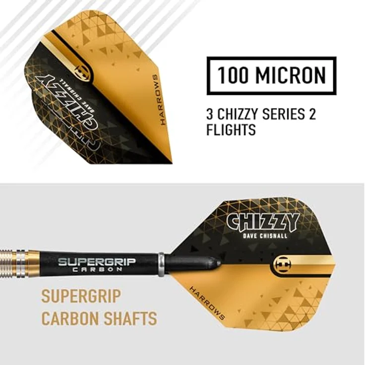 Harrows Dave Chizzy Chisnall 90% Tungsten Darts, Pro Player Steel Tip Darts-Set mit Supergrip-Carbonschäften und 100-Mikron-Chizzy-Flights, erhältlich in 21g, 22g, 23g, 24g, 25g & 26g (21g) – Bild 4