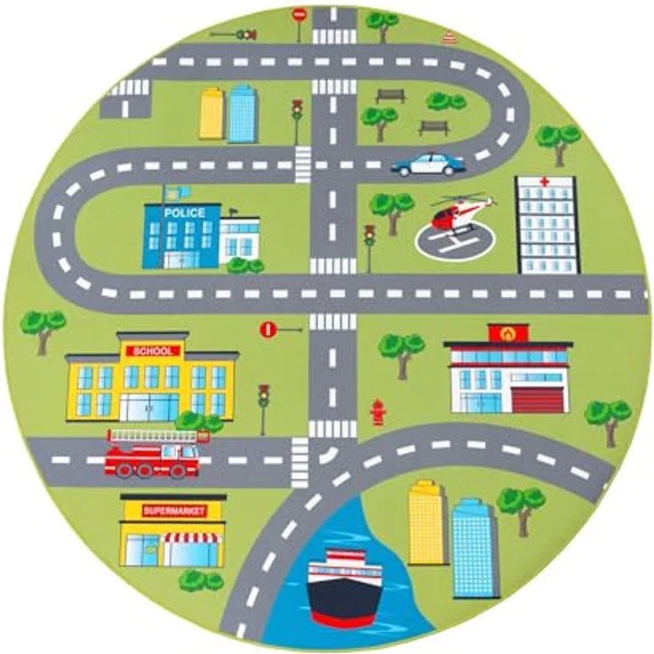 TT Home Kinderzimmerteppich, runder Teppich für Junge und Mädchen, rutschfest, Straße, Farbe: Grün 2, Größe: 200 cm, 100% Polyester, STANDARD 100 by OEKO-TEX – Bild 5