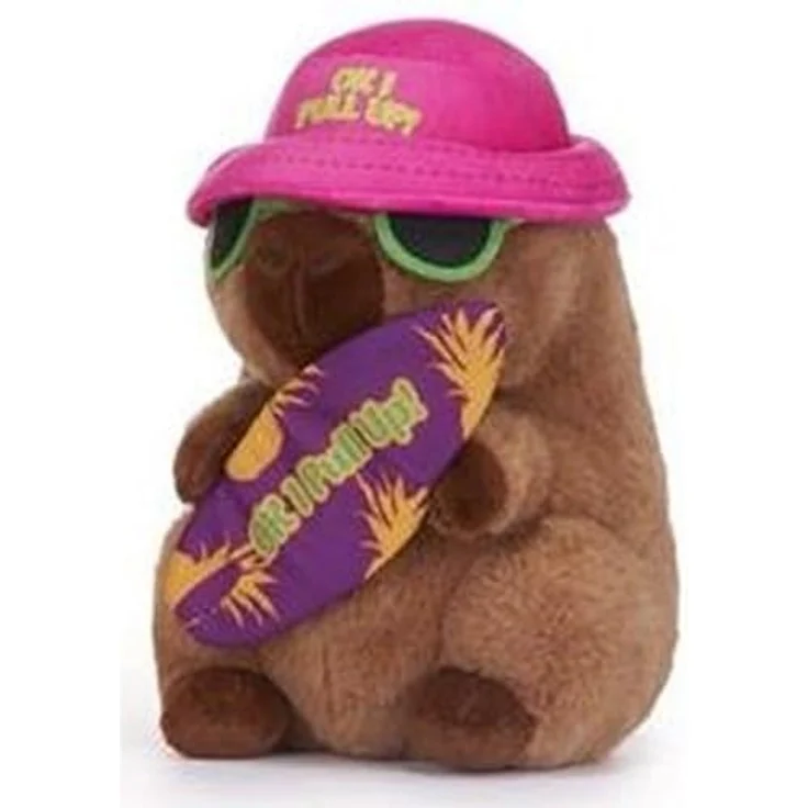 Soma Capybara Plüschtier 25cm, Kuscheltier mit pinkem Hut, grüner Sonnenbrille und Surfbrett Spruch "Ok I Pull Up" – Bild 3