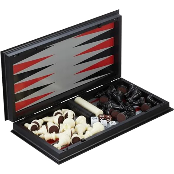 Relaxdays 3-in-1 Schachspiel magnetisch, Klappbares Reisespiel für Schach, Dame und Backgammon, Schwarz/Weiß/Rot – Bild 9