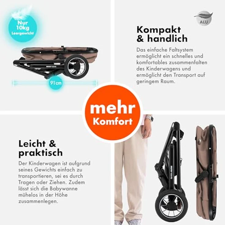 Daliya FLEXI-PRO M 2in1 Kombikinderwagen, leicher klappbarer Buggy mit Liegefunktion, höhenverstellbar, großem Einkaufskorb und Wetterschutz, Beige-Rosa Leinen – Bild 6