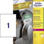 AVERY Zweckform L7917-40 Strapazierfähige Folienetiketten (40 Aufkleber, 210x297mm auf A4, extrem stark selbstklebend, für schwierige Oberflächen, bedruckbare Outdoor Klebefolie) 40 Blatt, weiß - Ultraresistente und witterungsbeständige Etiketten der Marke AVERY Zweckform