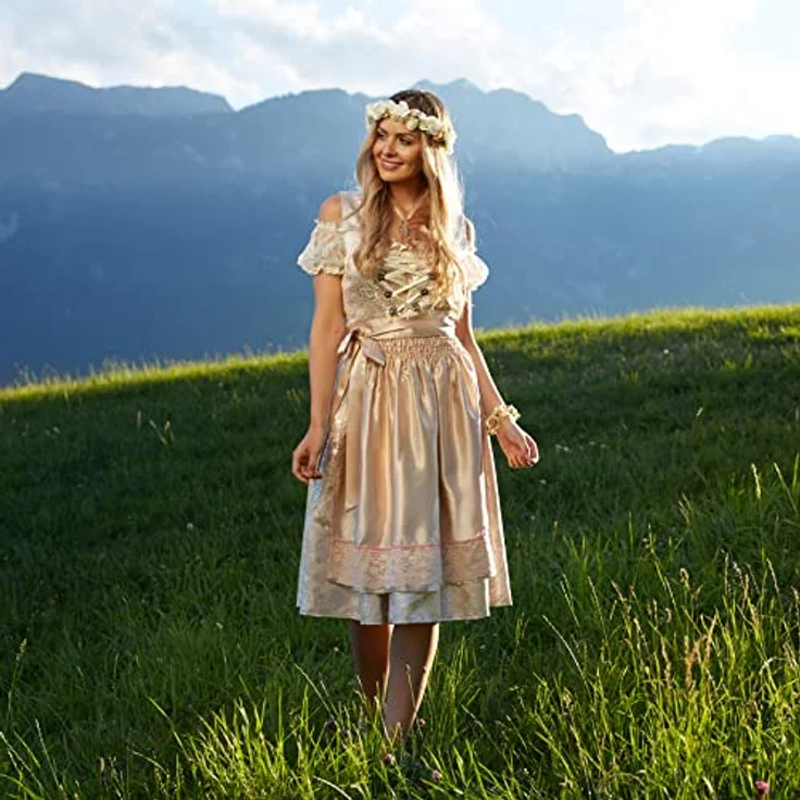 dressforfun Dirndl Frauenkostüm Midi-Dirndl Traunstein Modell 2, elegantes Tailliertes Dirndl mit feiner Schnürung und Strasssteinen, Beige und Silber – Bild 2