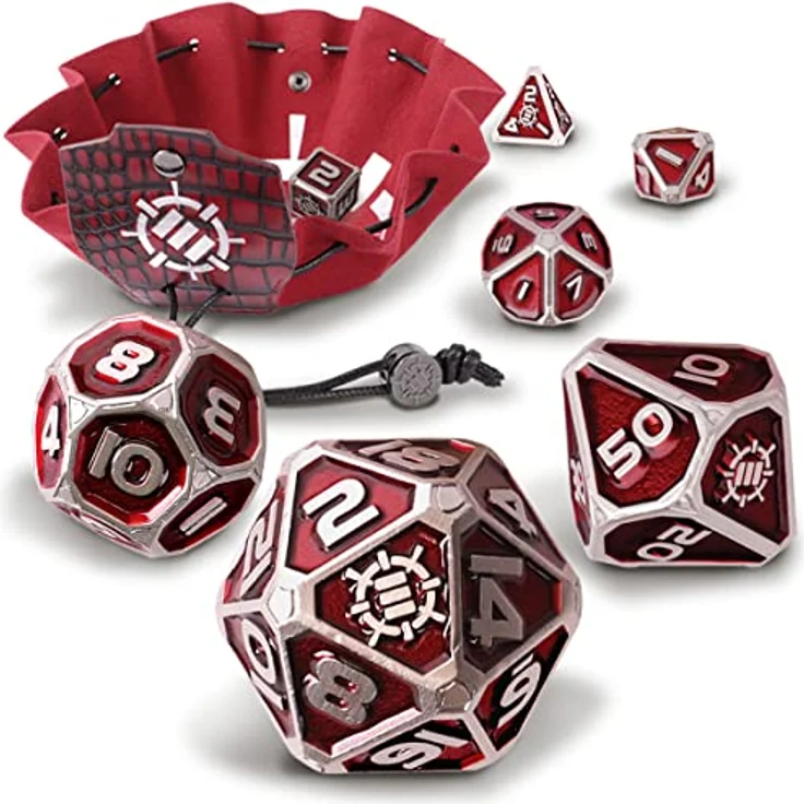 ENHANCE Würfelset aus Metall, 7-teiliges D20 D&D Collector's Edition Set mit 2-in-1-Würfeletui und Würfeltablett aus veganem Leder, rot – Bild 1