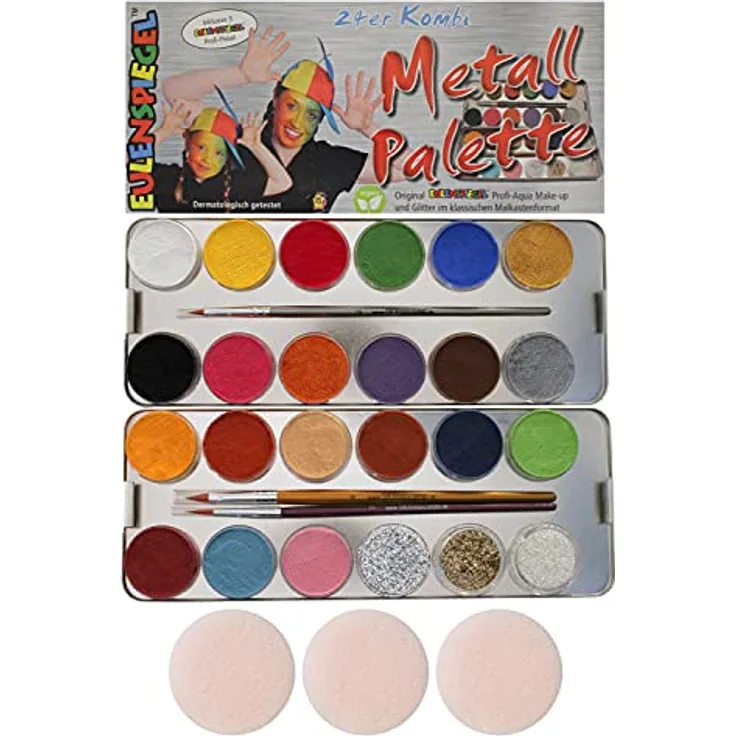 EULENSPIEGEL Schminkpalette 21 Farben 3 Glitzer 27 Teile Metalletui, Profi-Aqua Schminkfarben, dermatologisch getestet, vegan