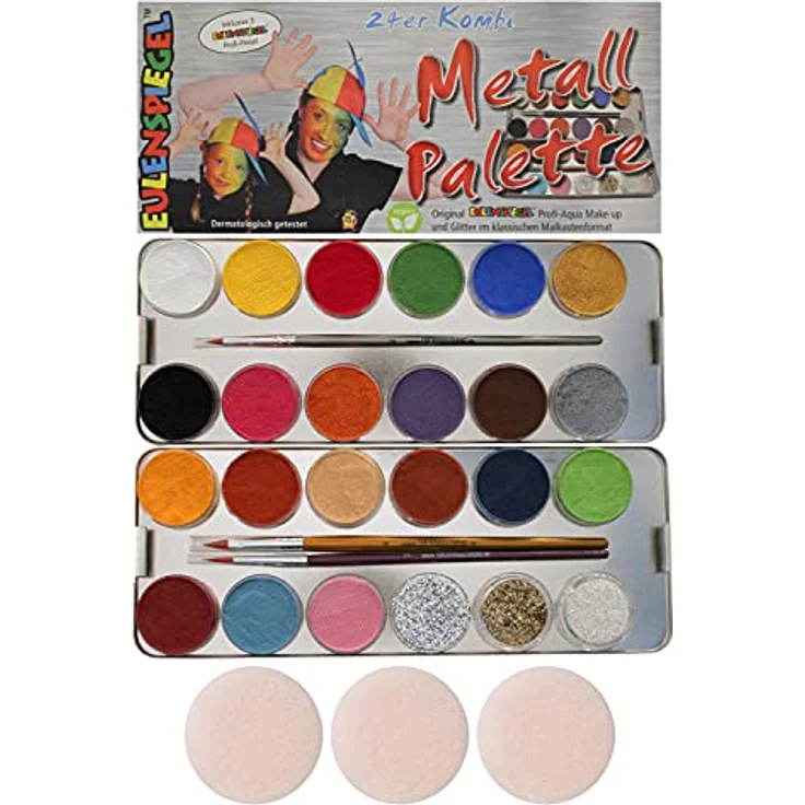 EULENSPIEGEL Schminkpalette 21 Farben 3 Glitzer 27 Teile Metalletui, Profi-Aqua Schminkfarben, dermatologisch getestet, vegan – Bild 1