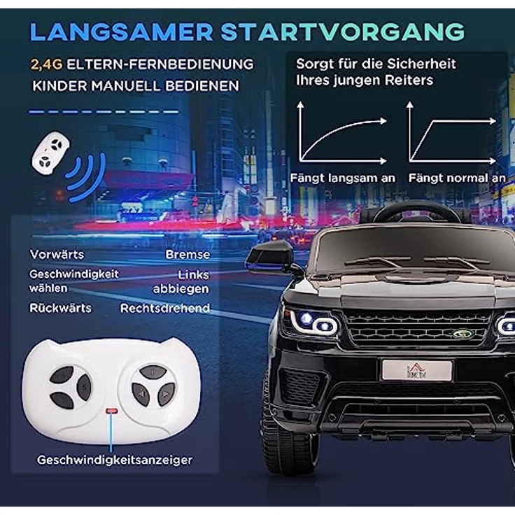 HOMCOM Elektro-Kinderauto Kinderfahrzeug, Kinder-SUV mit Sicherheitsgurt, Hupe, Scheinwerfer, Belastbarkeit 30 kg, (1-tlg), mit Fernbedienung, Musik, schwarz – Bild 6