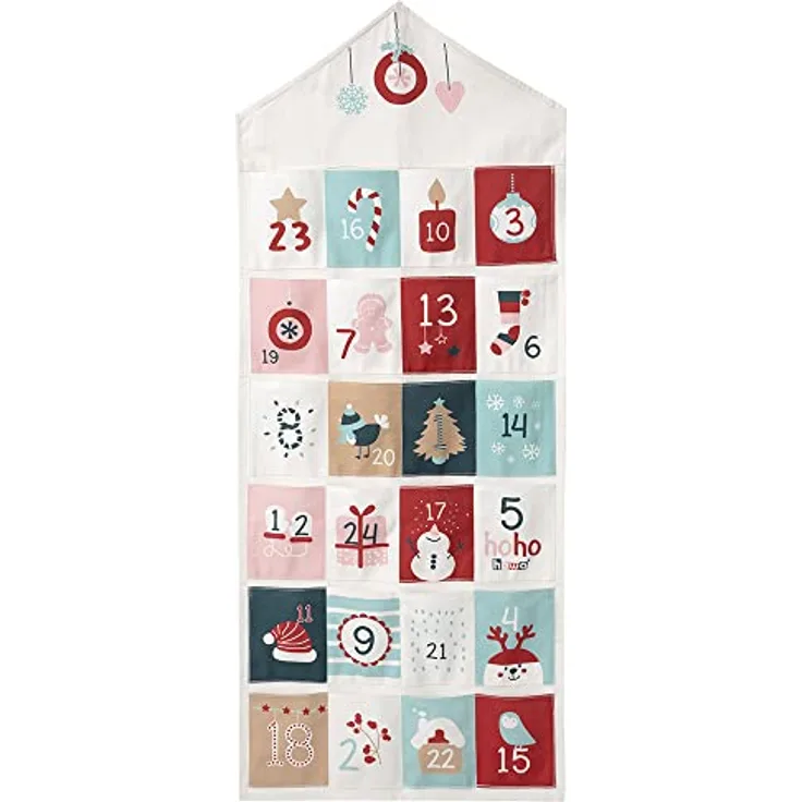 howa Adventskalender zum Befüllen für Kinder und Erwachsene aus Stoff Weihnachtskalender 8803, 24 weihnachtlich bedruckte Täschchen, hochwertige Baumwolle, Maße 94x39 cm, Haken zur Aufhängung