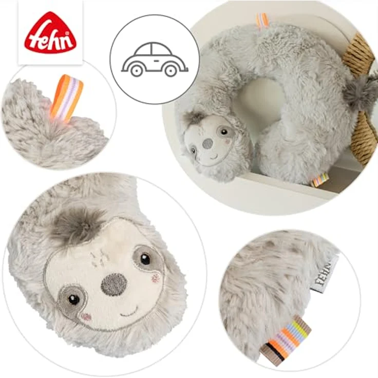 Fehn Nackenstütze Faultier, ergonomisches Baby Nackenkissen mit Tierapplikation, unterstützt Kopf und Nacken in Babyschale und Kinderwagen, waschbar bei 30°C, Größe 24 x 22 cm – Bild 4