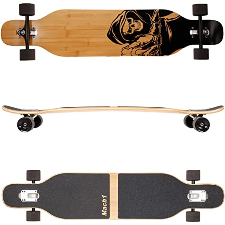 Mach1 Bambus Longboard mit Keramik Kugellager + T-Tool - Skateboard Drop Through Cruiser Komplettboard (Death) – Bild 2