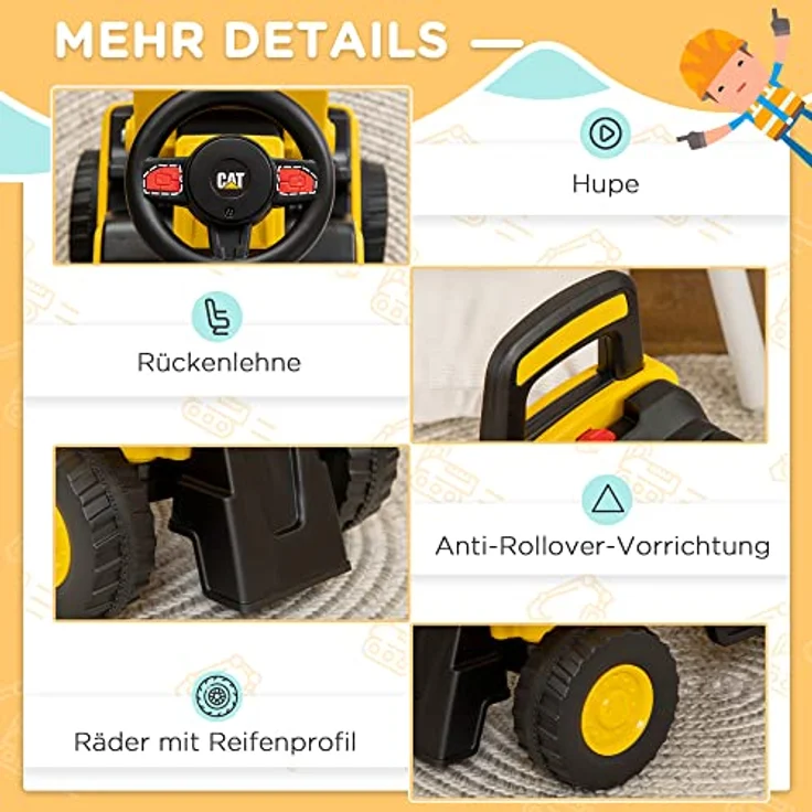 HOMCOM Sitzbagger, Rutscherfahrzeug mit Schaufel, Aufsitzbagger, Kinderbagger zum draufsitzen mit Hupe, Stauraum unter Sitz, Rutschauto für Kinder ab 12 Monaten, Gelb+Schwarz, 78 x 29,5 x 54 cm – Bild 7
