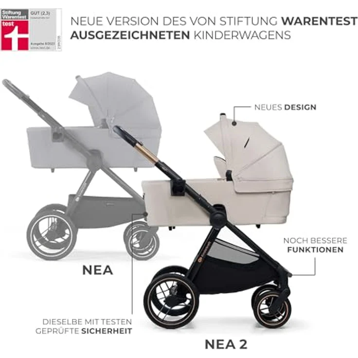 Kinderkraft Kombi-Kinderwagen NEA 2.0, 2 in 1 bis 22 kg mit Babywanne, umsetzbarem Sportsitz, Teleskopschieber, Soft Beige, inkl. Zubehörset und Gratis Mobilitätsgarantie – Bild 4