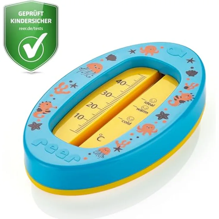Reer Baby-Badethermometer oval, kindersicheres Bade-Thermometer mit optimaler Badetemperaturanzeige, quecksilberfrei, hoher Messbereich von 0 °C bis 50 °C, übersichtliche Skala, blau