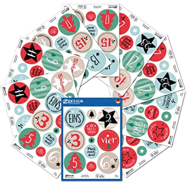 AVERY Zweckform Sticker Adventskalender Zahlen 1-24, selbstklebende Weihnachtsaufkleber, 109 Papiersticker auf 10 Bogen, Made in Germany – Bild 4