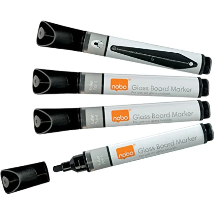 NOBO Glastafel Marker, Rundspitze 3 mm, schwarz, VE=4 Stück, trocken abwischbar – Bild 1