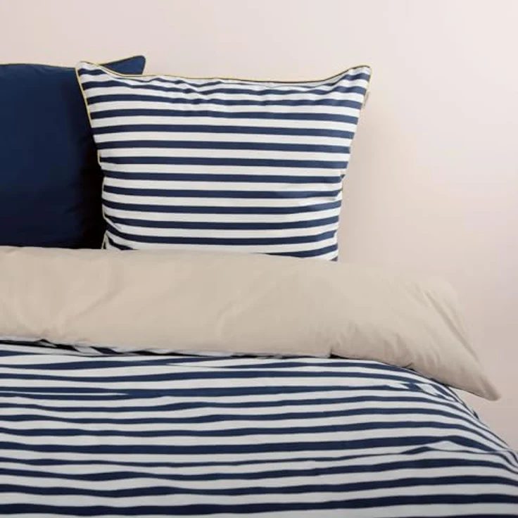 TOM TAILOR Perkal-Bettwäsche, mit Wendemotiv und farbiger Paspel, 100% Baumwolle, STRIPES WITH A KICK Blau, Beige (Dark Navy/Sunny Sand) – Bild 3