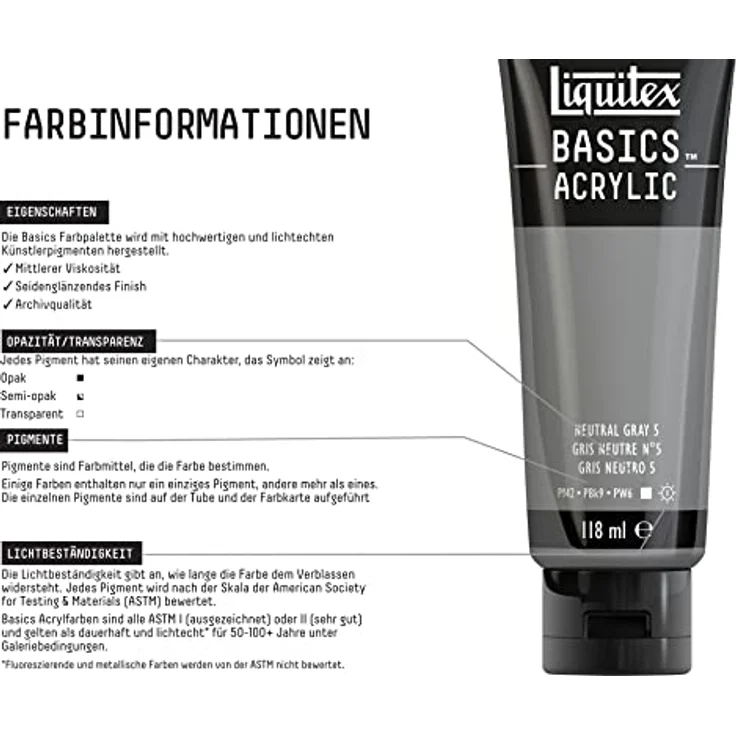 Liquitex Basics Acrylfarbe Neutralgrau Nr. 5, 118ml Tube, lichtecht, mittlere Viskosität, seidenglänzend, monopigmentiert, Archivqualität – Bild 3