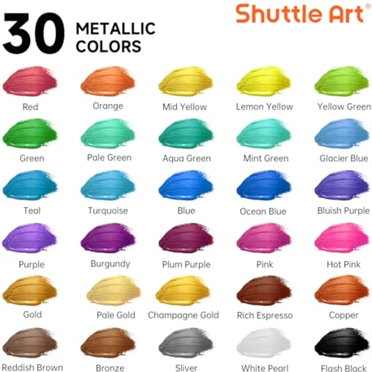 Shuttle Art Metallic Acrylfarben Set, 30 bunte Metallic Acrylfarben (60 ml), inkl. 10 Pinsel und 1 Palette, für Leinwand und Holz, ungiftig und schnell trocknend – Bild 3