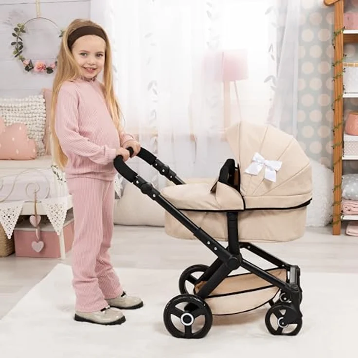Bayer Kombi-Puppenwagen Xeo, höhenverstellbar, umwandelbar zur Wanne oder zum Sportsitz, schwenkbare Vorderräder, inkl. Umhängetasche, bis 46 cm Puppen, modern grau – Bild 6
