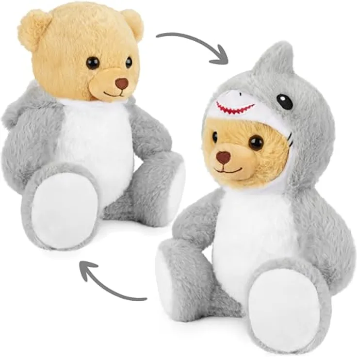 BRUBIES Teddy Hai 25 cm, Teddybär im Haikostüm mit abnehmbarer Kapuze, extra weiches Plüschmaterial, grau