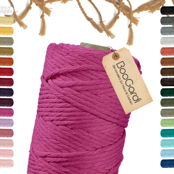 BooGardi Makramee Garn Bastelgarn, 100% Baumwolle, Magenta (5mm x 100m) - Robustes und geruchloses DIY Kordel Band