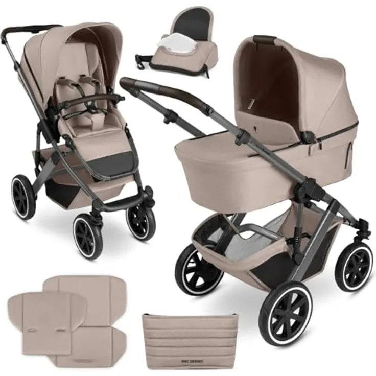 ABC Design Kombikinderwagen Salsa 5 Air, Beige, Textil, mit Feststellbremse, Federung, abnehmbarer Verdeckung und 5-Punkte-Gurt, geeignet für Babyschale