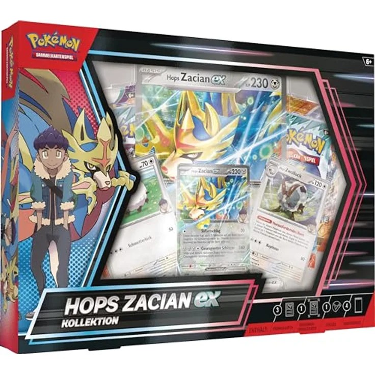 Pokemon Pokémon-Sammelkartenspiel: Kollektion Hops Zacian-ex (3 holografische Promokarten, 1 überdimensionale holografische Karte & 4 Boosterpacks)