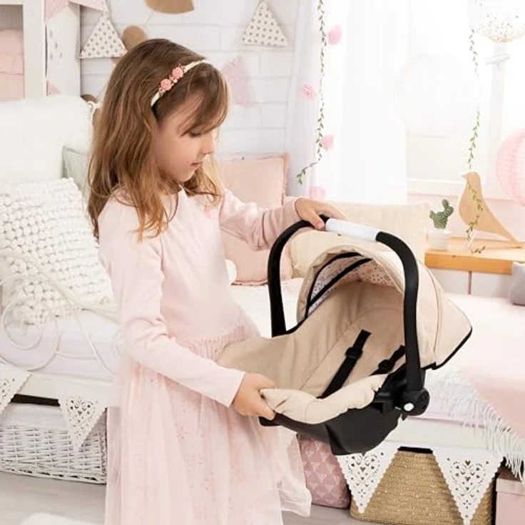 Bayer Design 67975AA Puppenautositz, Autositz für Puppen bis 46 cm mit Dach, verstellbarem Griff und Sicherheitsgurt, Beige – Bild 4