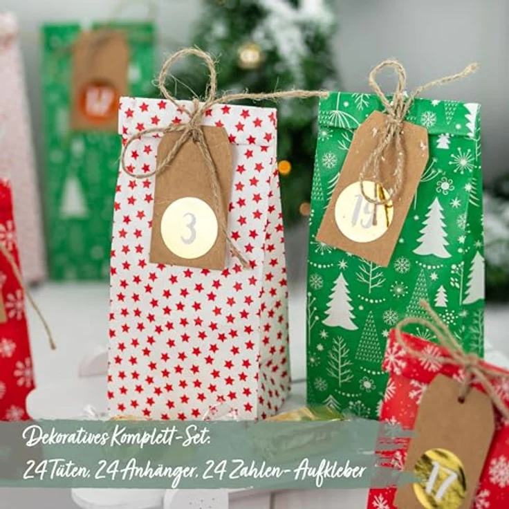 Papierdrachen Adventskalender 2025, DIY Weihnachtskalender zum Befüllen mit 24 bedruckten Geschenktüten in Rot und Grün, inklusive Zahlenaufkleber & Klammern, wiederverwendbar – Bild 5