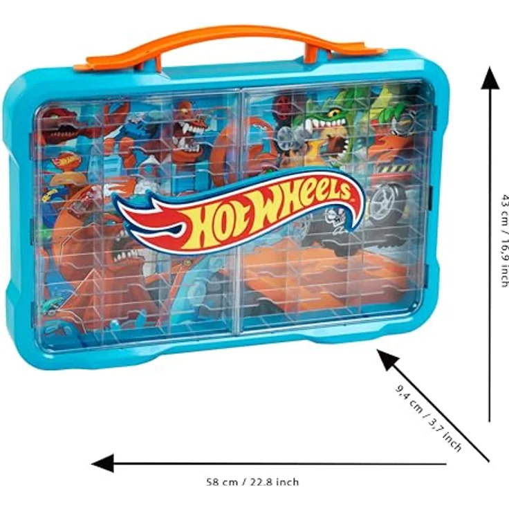 Theo Klein HW - Sammelkoffervitrine für 54 Autos, leuchtendes Hot Wheels Logo, Wandmontage, 2-flügelige transparente Vitrinentür, Tragegriff – Bild 7