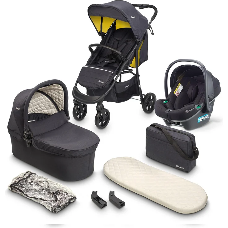 BabyGo Style 3in1 Kombikinderwagen, gefedert, inklusive Babyschale und Wanne, Mustard
