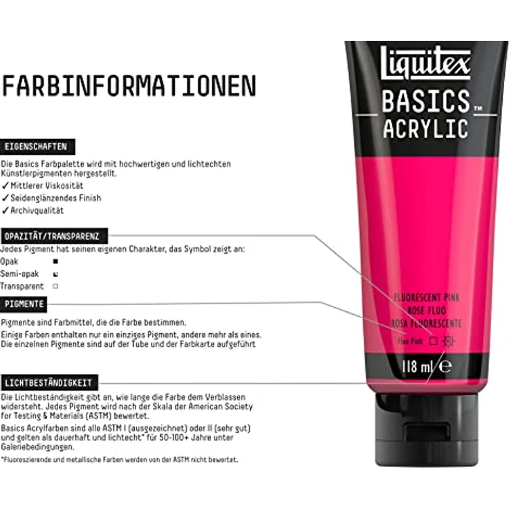 Liquitex Basics Acrylfarbe Rosa Fluo – 118ml Tube, lichtecht, mittlere Viskosität, seidenglänzend, monopigmentiert, Archivqualität – Bild 3