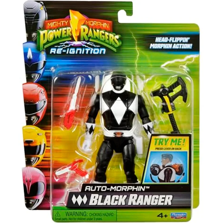 Playmates Power Rangers Mighty Morphin Auto-Morphin Black Ranger Actionfigur mit Power Axe und Blade Blaster, 15 cm, beweglich