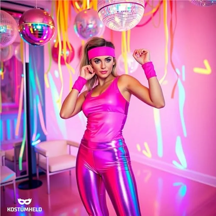 TK Gruppe Timo Klingler 5 in 1 - Retro pink Set mit Stirnband & Ghettoblaster uvm. - als Accessoire Vokuhila Kostüm zu Retro neon 80er 90er Fasching & Karneval – Bild 6