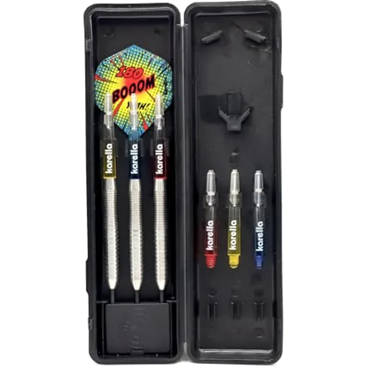 Karella Darts Comic-Line, Profi Steeldarts 80% Tungsten, 5 Modelle, 21-24 g, formstabile Polycarbon Schäfte, 100 Mic. Flights, inkl. Ersatzschäfte und PVC-Box (CL-2 23 g, 53 mm) – Bild 2