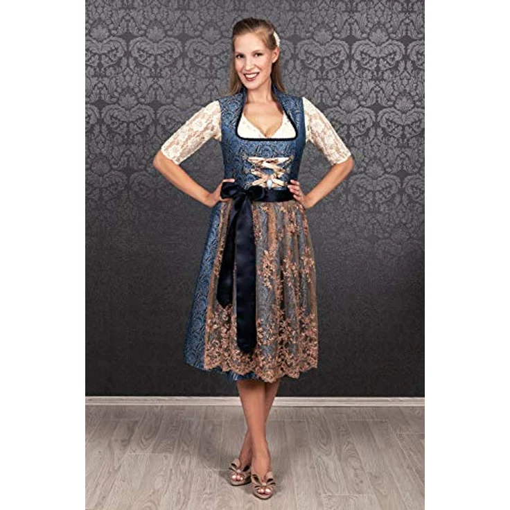 Edelnice Dirndl Estelle, Midi Dirndl in blau und beige-gold, Jaquard Stoff mit Blumenmuster, Exclusive Kollektion – Bild 4