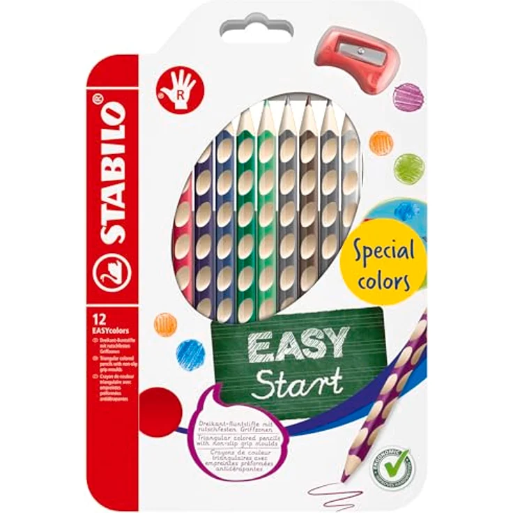 STABILO Ergonomischer Buntstift für Rechtshänder - STABILO EASYcolors - 12er Pack mit Spitzer - Spezialfarben – Bild 1