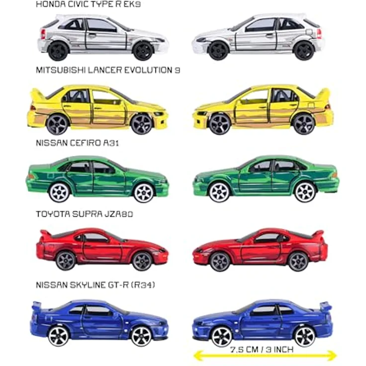 Majorette JDM Legends Giftpack, Set mit 5 Autos (Honda Civic TYPE R EK9, Nissan Cefiro A31, Nissan Skyline GT-R R34, Toyota Supra JZA80, Mitsubishi Lancer Evolution 9), Metall, Maßstab 1:64, 7,5 cm, Freilauf, dekorierte Box, offiziell lizenziert, für Kinder ab 3 Jahren – Bild 3
