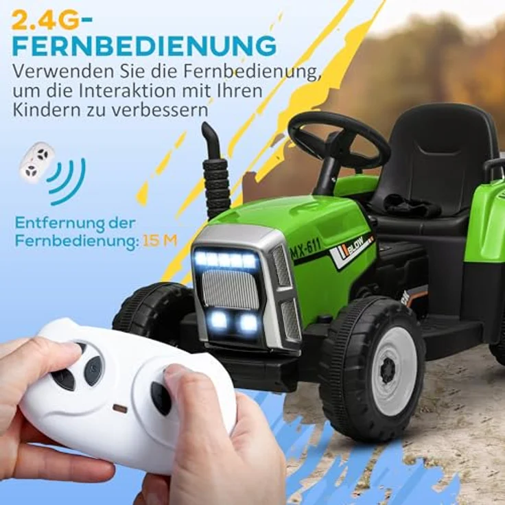HOMCOM Elektrischer Traktor mit Anhänger, Kinder Aufsitztraktor mit Fernbedienung, Kinder Elektroauto mit MP3 Funktion, Kinderfahrzeug mit Scheinwerfer, für Kinder 3-6 Jahre, Grün – Bild 4