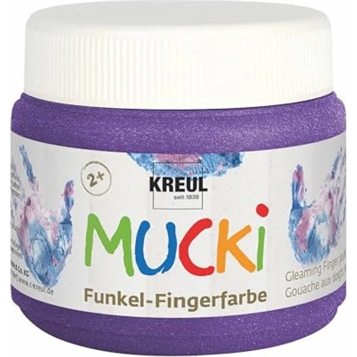 KREUL MUCKI Funkel Fingerfarben, 6 Glitzerfarben in Diamanten-Blau, Zauber-Lila, Feenstaub-Rosa, Drachen-Silber, Smaragd-Grün, Goldschatz, vegan, gut auswaschbar – Bild 3