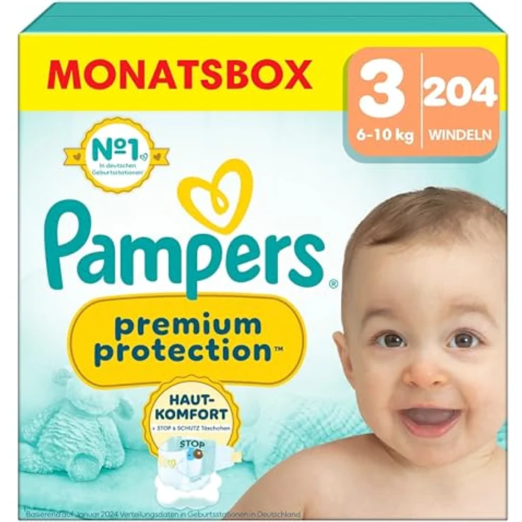 Pampers Premium Protection Windeln Gr. 3 Midi (6-10 kg), Monatsbox mit 204 St., 100% Auslaufschutz und luftzirkulierendem Innenvlies – Bild 1